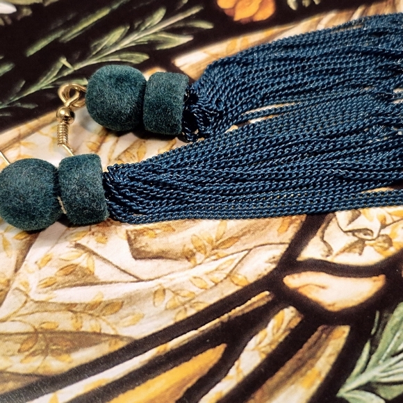 Forest Dark Green Teal Metal Tassel Earrings - Picture 6 of 6